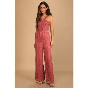Lulus Lovely Celebration Rose Pink Floral Burnout Chiffon Jumpsuit  NWT